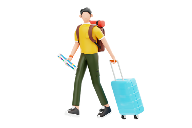 Boy Holding Suitcase While Going For Trip  3D Illustration