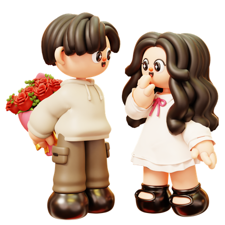 Boyfriend Surprise Rose Bouquet To Girlfriend  3D Illustration