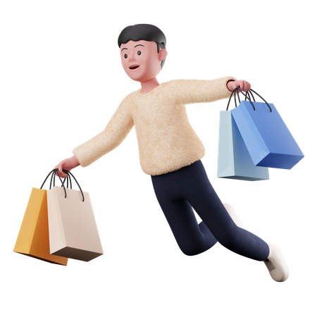 Male Flying With Shopping Bags  3D Icon