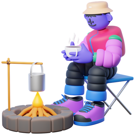 Traveler Enjoying Coffee With Bonfire  3D Illustration