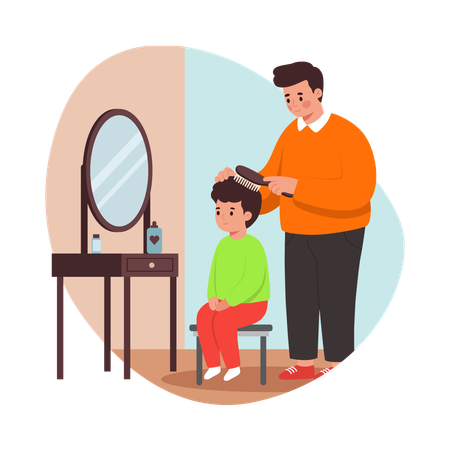 Free Father Combing daughter Hair Before School Illustration