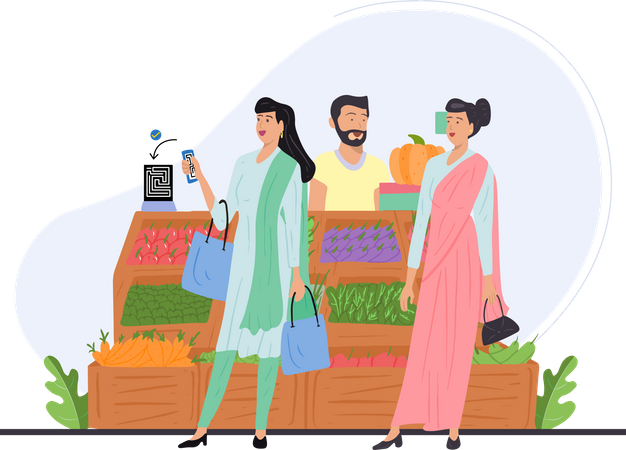 Free Indian girl paying vegetable bill through phone Illustration