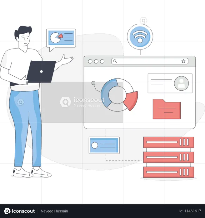 Boy is presenting storage analysis  Illustration
