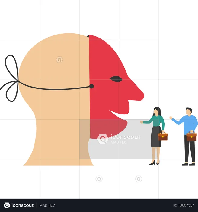Dishonest businessman hiding behind disguise mask pretend to lying  Illustration