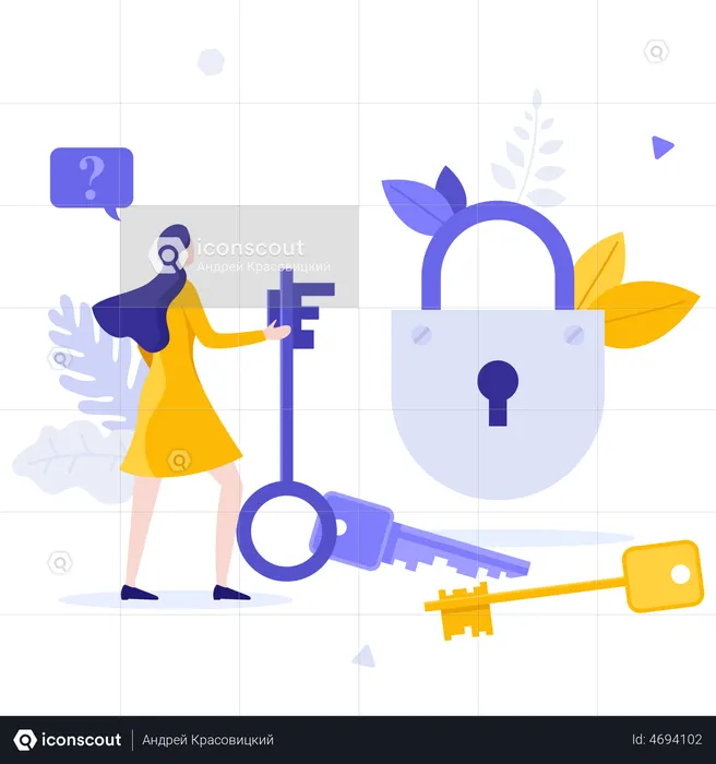 Person Looking At Padlock And Keys  Illustration