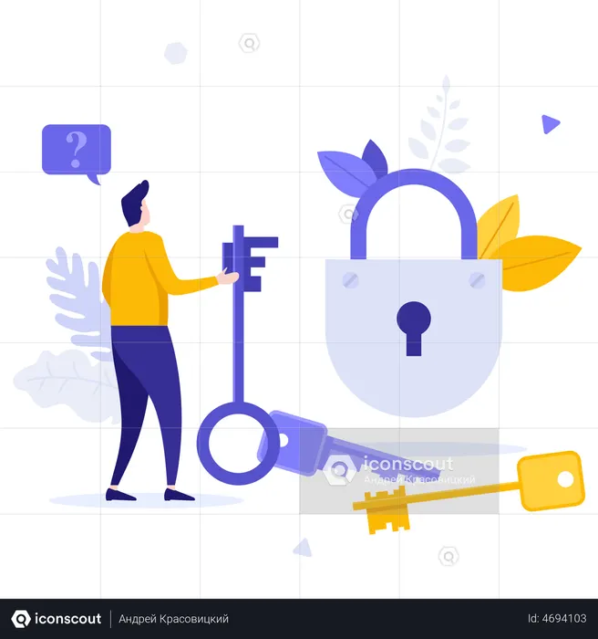 Person Looking At Padlock And Keys  Illustration
