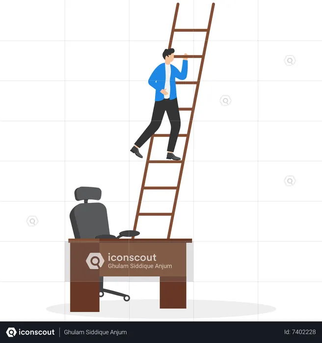 Smart businessman climb up ladder from his working desk to higher level  Illustration