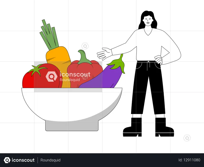 Woman shows vegetable bowl  Illustration