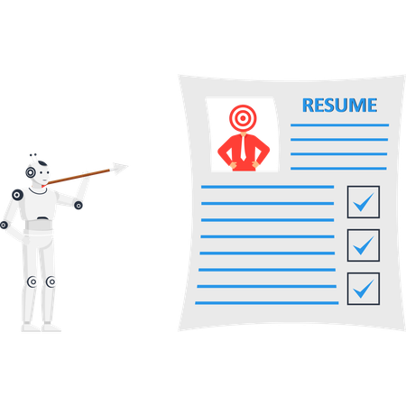 AI robot selecting candidate resume with target icon for automated hiring process  Illustration