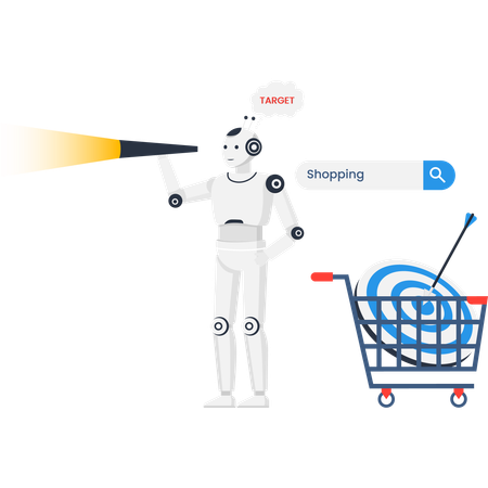 AI robot with telescope targeting online shopping with search bar and bullseye in cart for marketing automation  Illustration