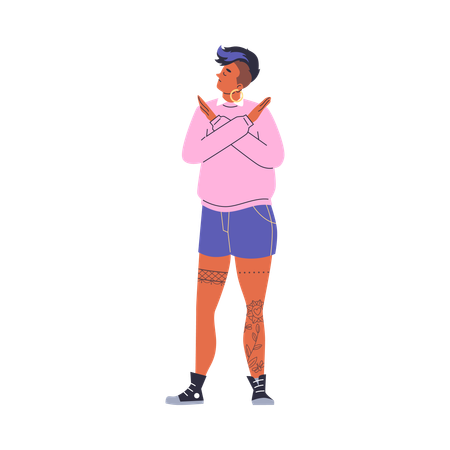 Angry woman with dissatisfied face make crossed hand refusal gesture  Illustration
