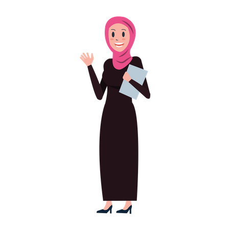Arab Business woman holding clipboard and saying hello  Illustration