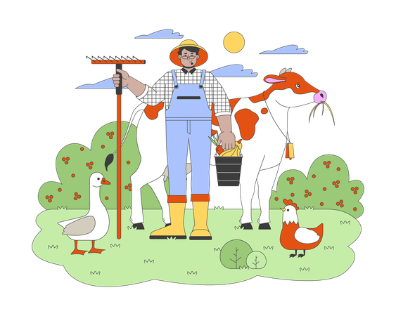 Arab man farmer with rake and animals  Illustration