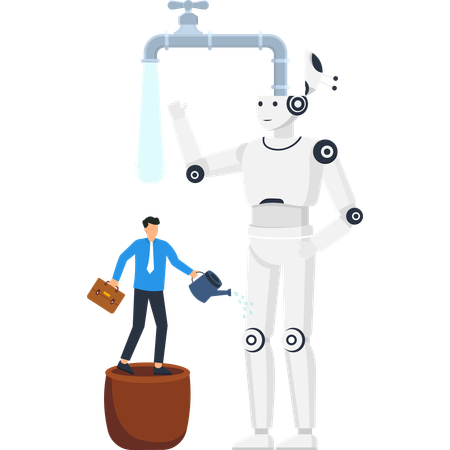 Artificial intelligence concept with businessman watering a large robot symbolizing technology growth and investment in automation  Illustration