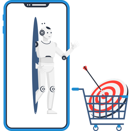 Artificial intelligence robot emerging from smartphone for targeted e-commerce and marketing automation  Illustration
