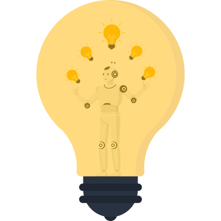 Artificial intelligence robot inside a large lightbulb generating new ideas and creative solutions for technology and business innovation  Illustration