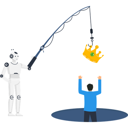 Artificial intelligence robot luring a person in a hole with a crown on a fishing rod a metaphor for manipulation and false promises  Illustration
