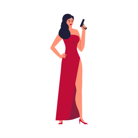 Beautiful sexy brunette woman in red dress armed with pistol  Illustration