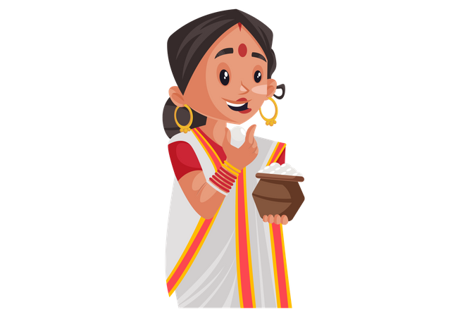 Bengali woman holding rasgulla pot in hand and eating rasgulla Illustration
