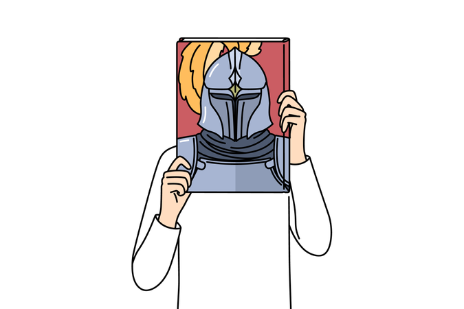 Book with knight on cover in hands of man covering face while reading literature about medieval soldiers Illustration