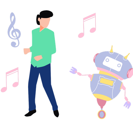 Boy and robot are dancing on music Illustration