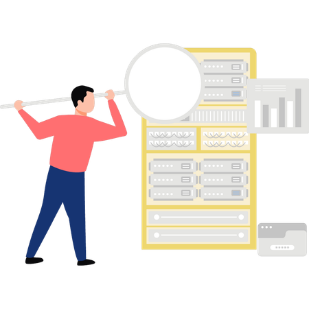 Boy doing a magnifying search for a storage server  Illustration