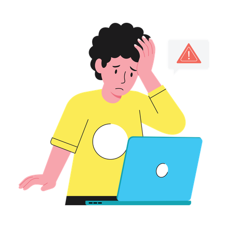 Boy having headache due to laptop error  Illustration