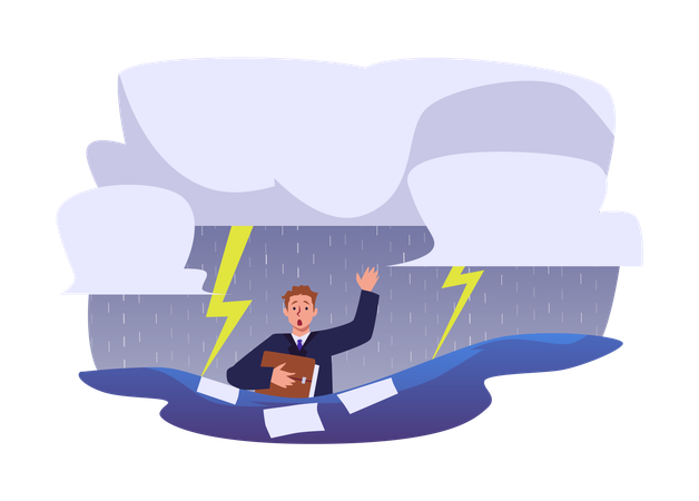 Business man drowning holding documents in hands  Illustration
