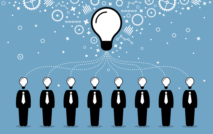 Business people combining their ideas, minds, and thoughts to create a bigger and better idea  Illustration