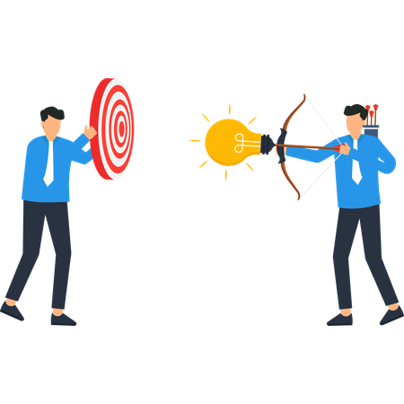 Businessman archer aiming a lightbulb idea arrow at a target held by a colleague for business strategy and success  Illustration