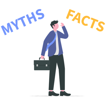 Businessman dealing with facts and myths  Illustration