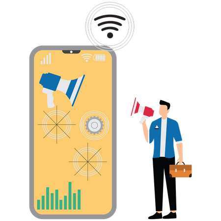 Businessman making mobile marketing strategies  Illustration