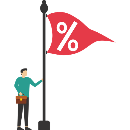 Businessman raises flag with percentage symbol to top of pole  Illustration