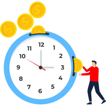 Businessman saves money in  large clock containing  pile of gold coins  Illustration