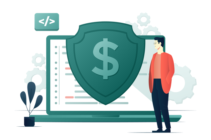 Businessman with a shield near laptop Data security  Illustration