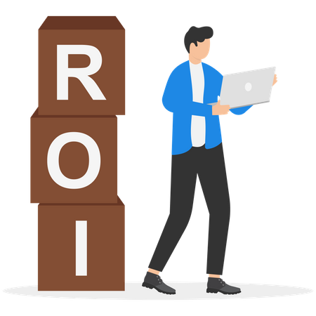 Businessman working on his laptop next to the ROI blocks symbol  Illustration