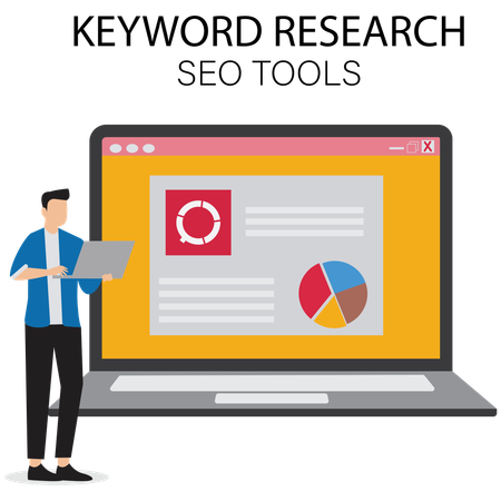 Businessman working on Keyword Research with SEO Tools  Illustration