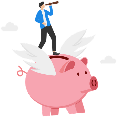 Businessmen fly piggy bank to vision next investment opportunity  Illustration