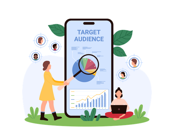 Businesswoman searching for target audience on mobile  Illustration
