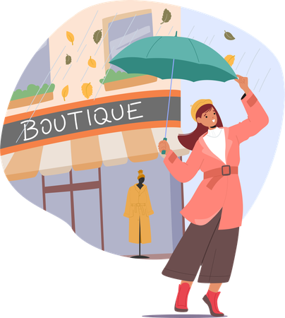 Charming autumn fashion girl with umbrella standing under rain shower  Illustration