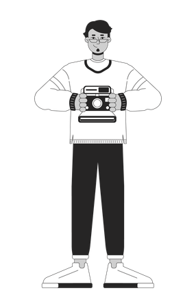 Cheerful arab man holding retro camera  Illustration