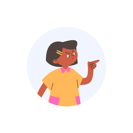 Child girl raising eyebrow and pointing finger  Illustration