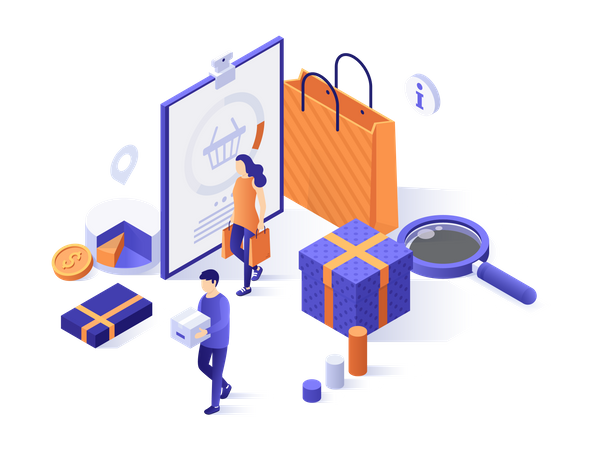 Customers, buyers or consumers, shopping bags and gift boxes  Illustration