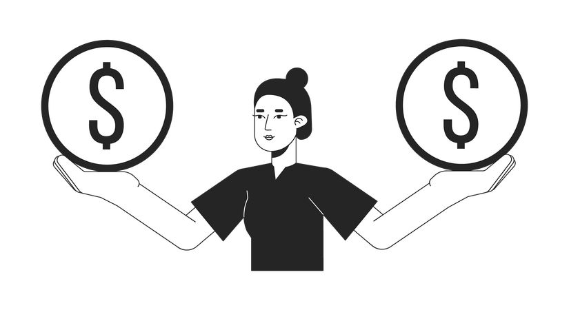 Cute asian woman holding coins on hands  Illustration
