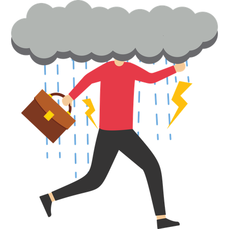 Depressed businessman walking with cloudy thunderstorm and rainy around his face  Illustration