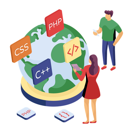 Developers implementing different programming languages  Illustration