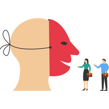 Dishonest businessman hiding behind disguise mask pretend to lying  Illustration