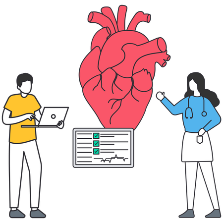 Doctor explaining heart anatomy using laptop and interactive screen  Illustration
