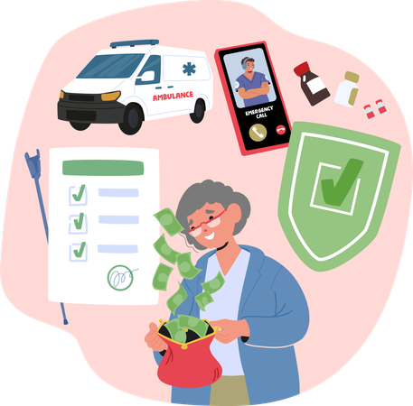 Elderly woman insurance with safety healthcare  Illustration