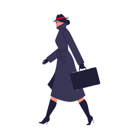 Elegant woman walking in dark coat and hat with briefcase  Illustration
